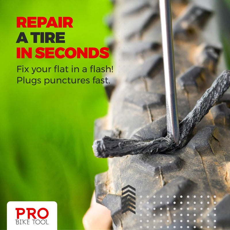 PRO Bike Tool Tubeless Bike Tyre Repair Kit â€“ for MTB and Road Bicycle Tyres â€“ Fix a Puncture or Flat, Fast â€“ Tackle Set Includes Storage Canister, Plugger Tool and Plugs - 5 Bacon and 5 Black Strips - Image 2